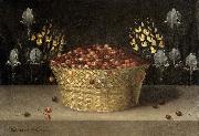 Basket of Cherries and Flowers
